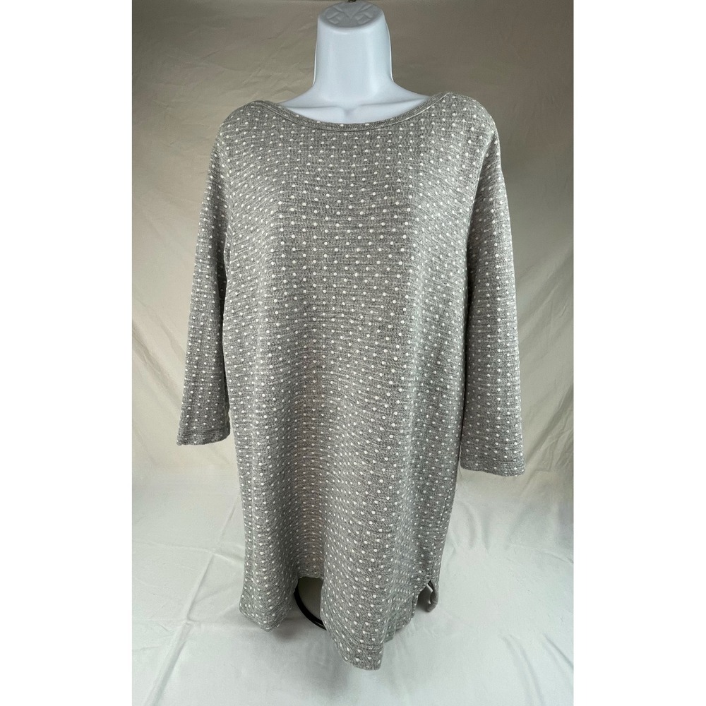 LANDS END Grey White Polka Dot Knit Tunic Top 3/4 Sleeve Boat Neck Casual LARGE
